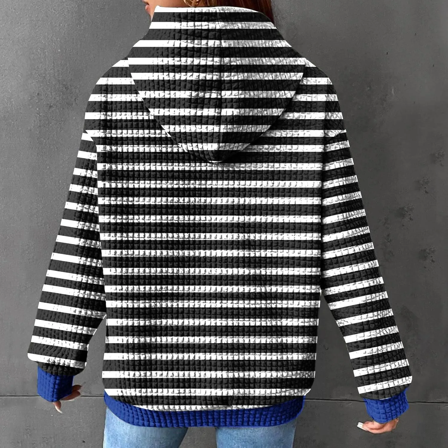 Women's Striped Waffle Oversized Hoodies Sweatshirts,Winter Casual Crew Neck Long Sleeve Pullover,Teen Girls Tops