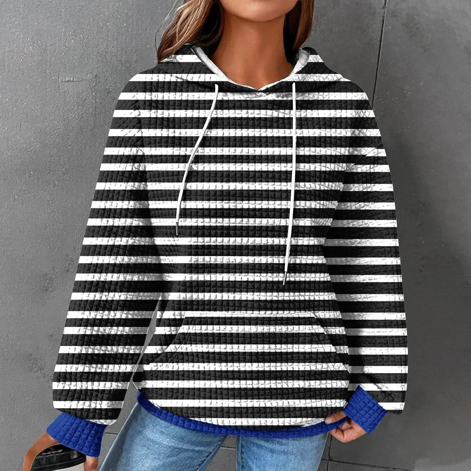 Women's Striped Waffle Oversized Hoodies Sweatshirts,Winter Casual Crew Neck Long Sleeve Pullover,Teen Girls Tops