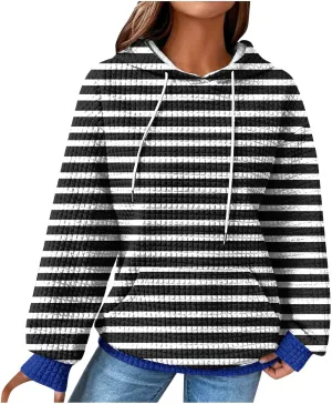 Women's Striped Waffle Oversized Hoodies Sweatshirts,Winter Casual Crew Neck Long Sleeve Pullover,Teen Girls Tops