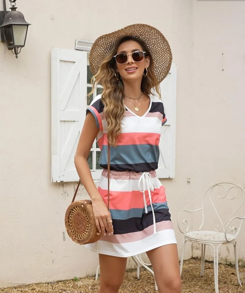 Womens Summer Dress Lantern Sleeve Square Neck Tie Front A-Line Double Layer Hem Mini Dresses