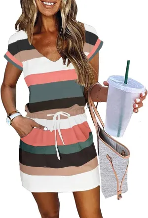 Womens Summer Dress Lantern Sleeve Square Neck Tie Front A-Line Double Layer Hem Mini Dresses