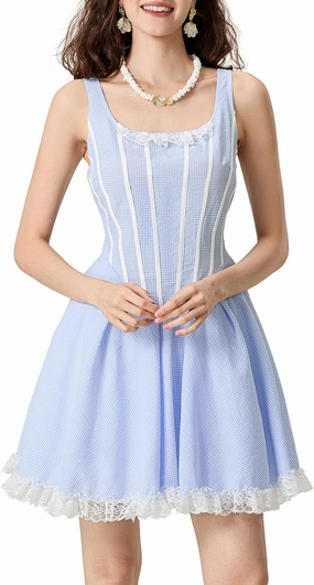Womens Blue Gingham Dress Halloween Costume Sleeveless Lace Patchwork Cosplay Lolita Maid Fairy Mini Dress