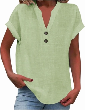 Womens Button Down Linen Shirts Short Sleeve V Neck Dressy Casual Business Work Blouses Loose Fit Summer Tunic Tops