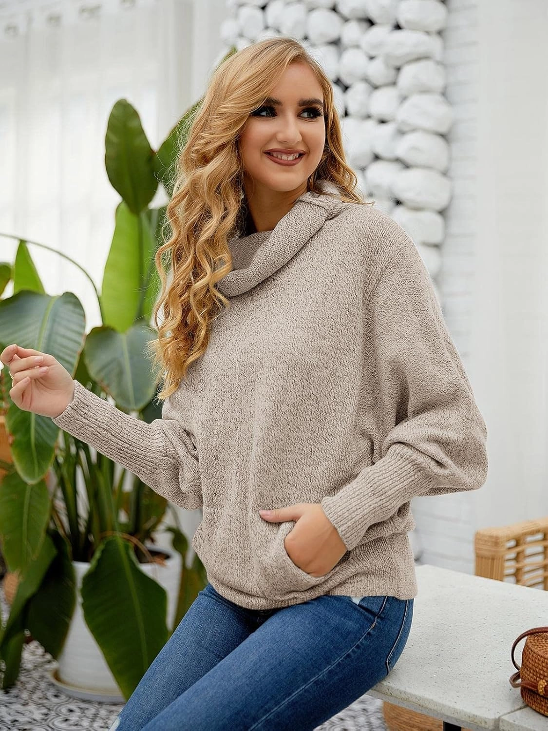 Womens Cowl Neck Pullover Sweaters with Pockets Lantern Long Sleeve Knit Casual Loose Bat Tunic Jumper Tops