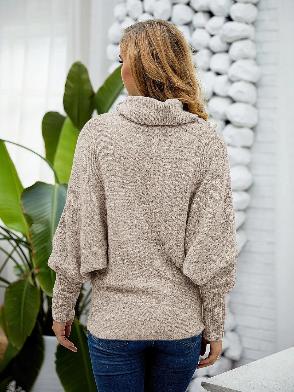 Womens Cowl Neck Pullover Sweaters with Pockets Lantern Long Sleeve Knit Casual Loose Bat Tunic Jumper Tops