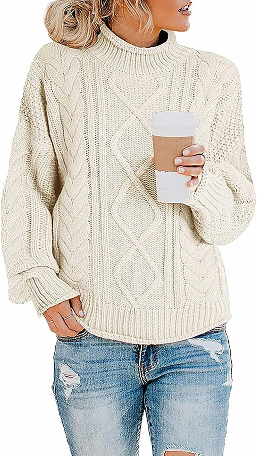 Womens Fall Clothes Fisherman Cable Knit Sweater Mock Neck Lantern Sleeve Knit Top Comfy Clothes for Flying