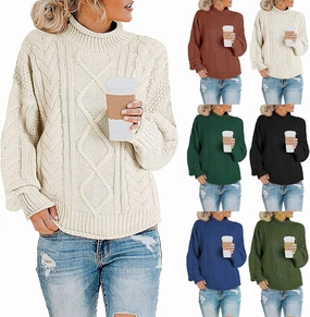 Womens Fall Clothes Fisherman Cable Knit Sweater Mock Neck Lantern Sleeve Knit Top Comfy Clothes for Flying