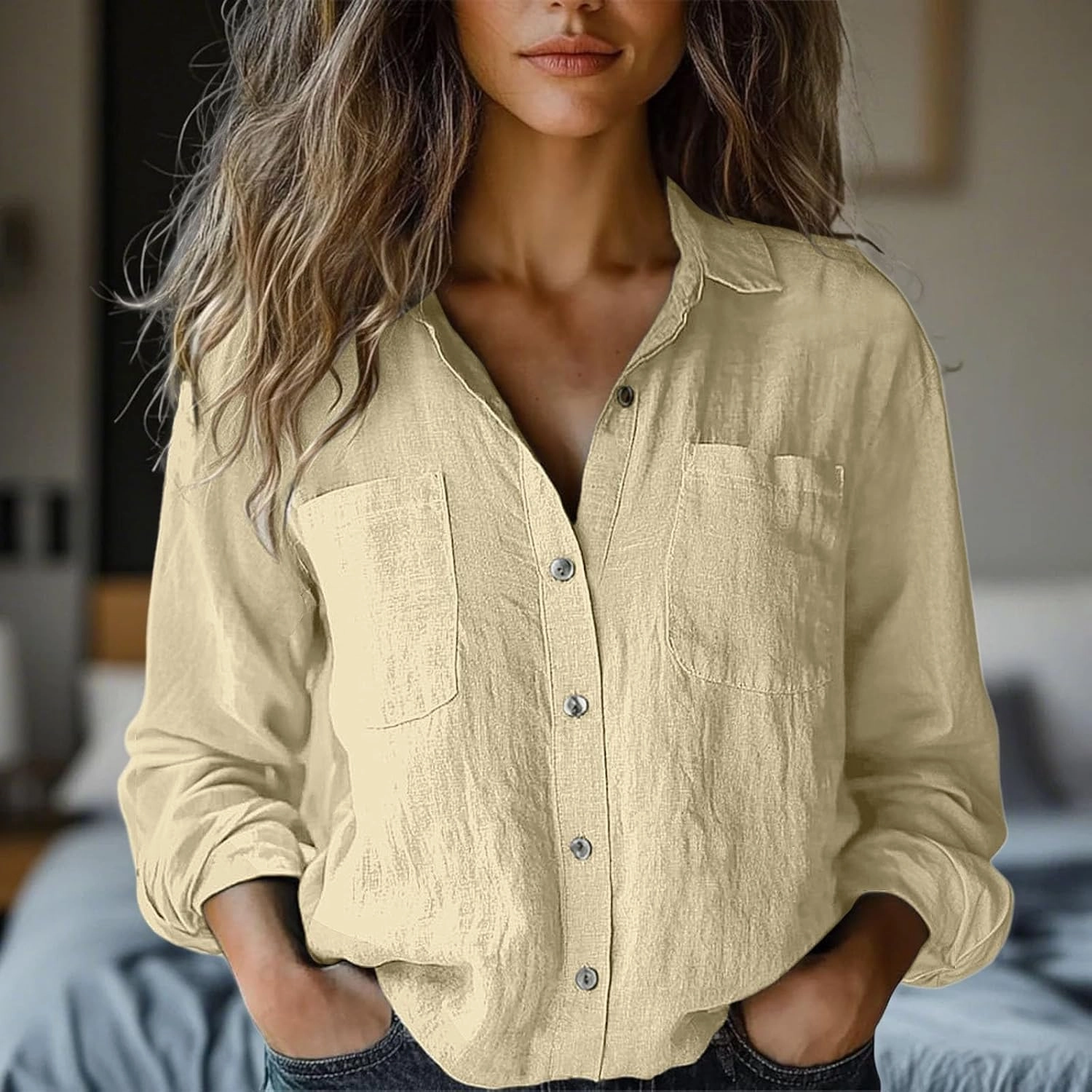 Womens Long Sleeve Button Down Women's Floral Butterfly Print Natural Autumn Casual Long Sleeve Loose Fit Collared