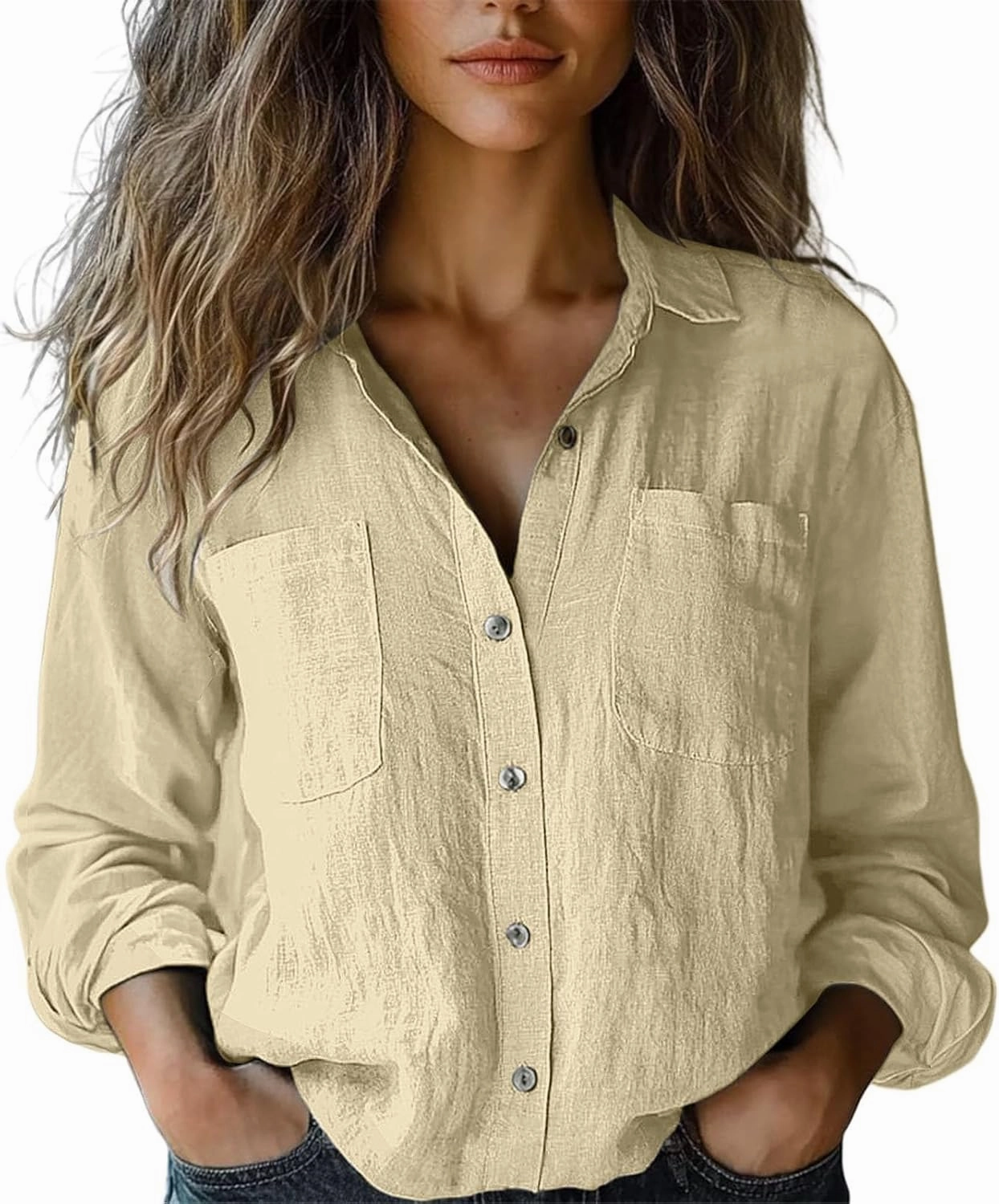 Womens Long Sleeve Button Down Women's Floral Butterfly Print Natural Autumn Casual Long Sleeve Loose Fit Collared