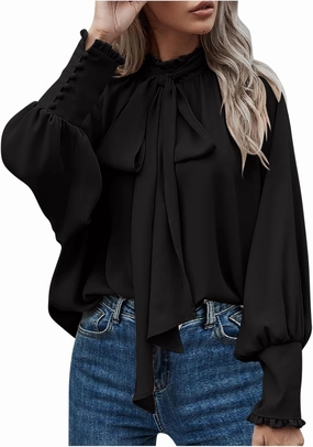 Womens Tops Dressy Casual Button Blouses Lantern Sleeve Vintage Pleated Turtleneck Shirts Business Casual Work Shirt