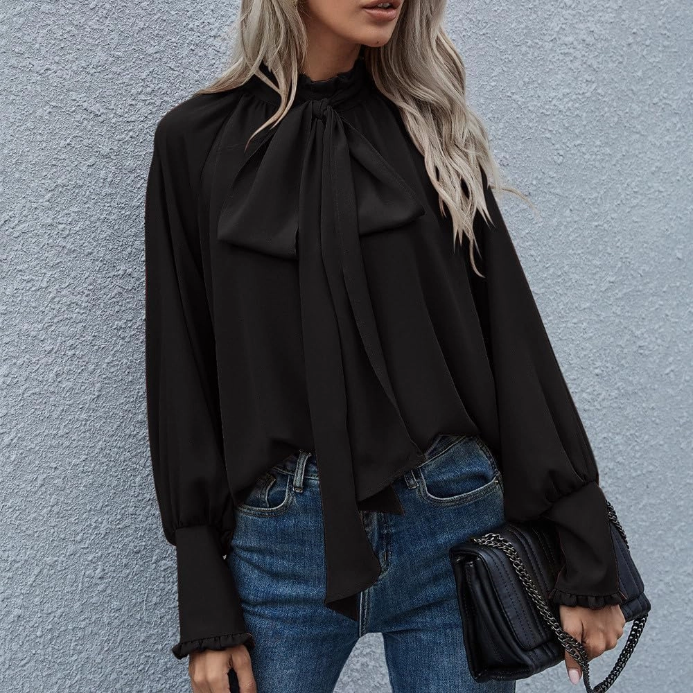 Womens Tops Dressy Casual Button Blouses Lantern Sleeve Vintage Pleated Turtleneck Shirts Business Casual Work Shirt