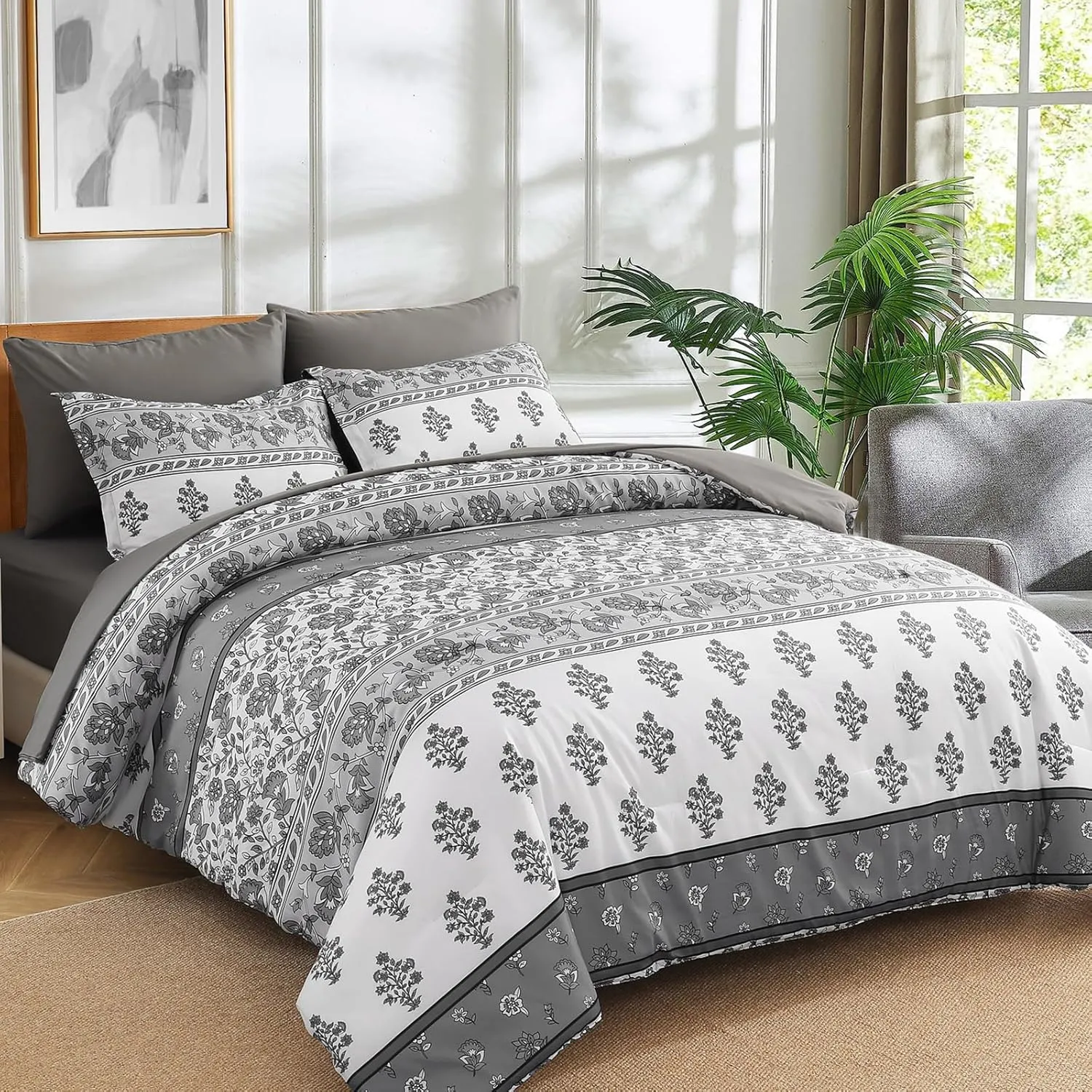 WONGS BEDDING Boho Comforter Set King Size, 7 Pieces Bed in A Bag, Bohemian Striped Bedding Sets, Green Floral Comforter and Sheet Set, Soft Microfiber Fill Bedding for All Season(104"X90")