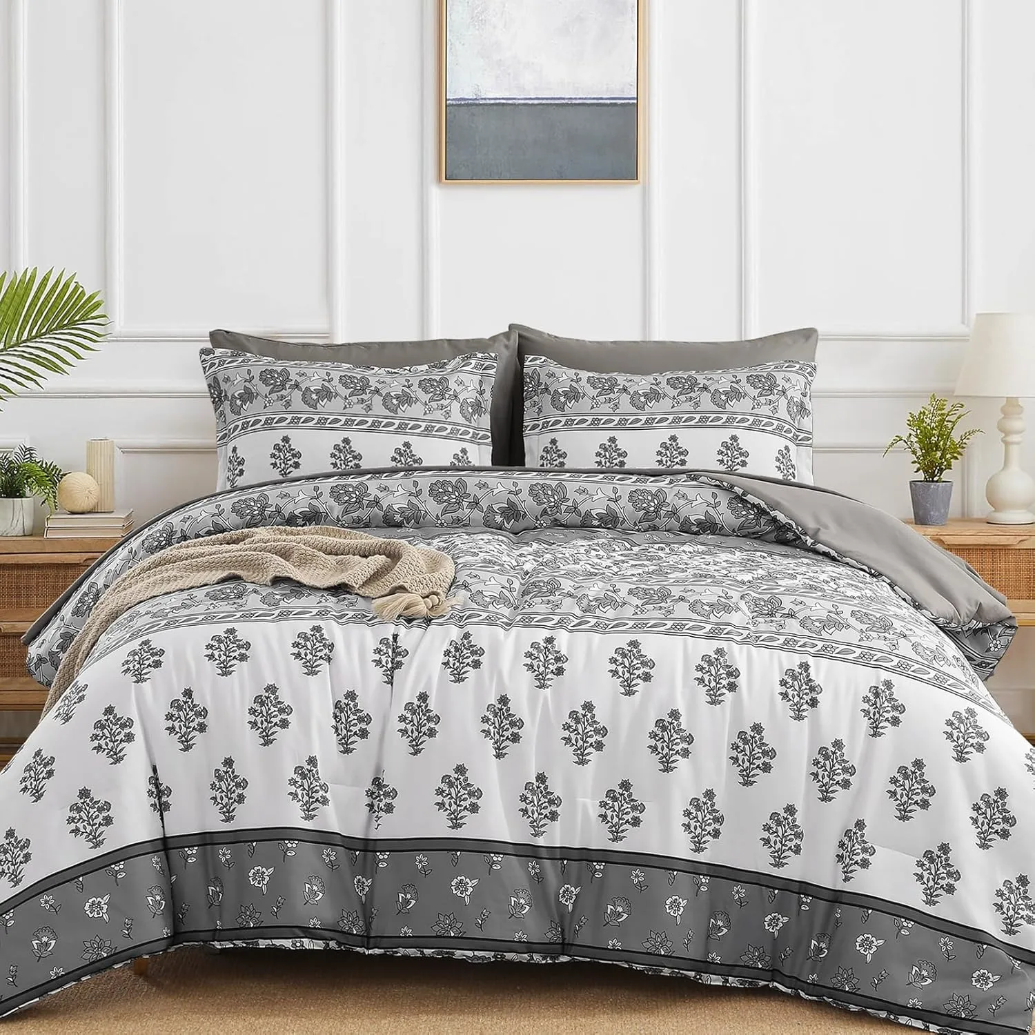 WONGS BEDDING Boho Comforter Set King Size, 7 Pieces Bed in A Bag, Bohemian Striped Bedding Sets, Green Floral Comforter and Sheet Set, Soft Microfiber Fill Bedding for All Season(104"X90")