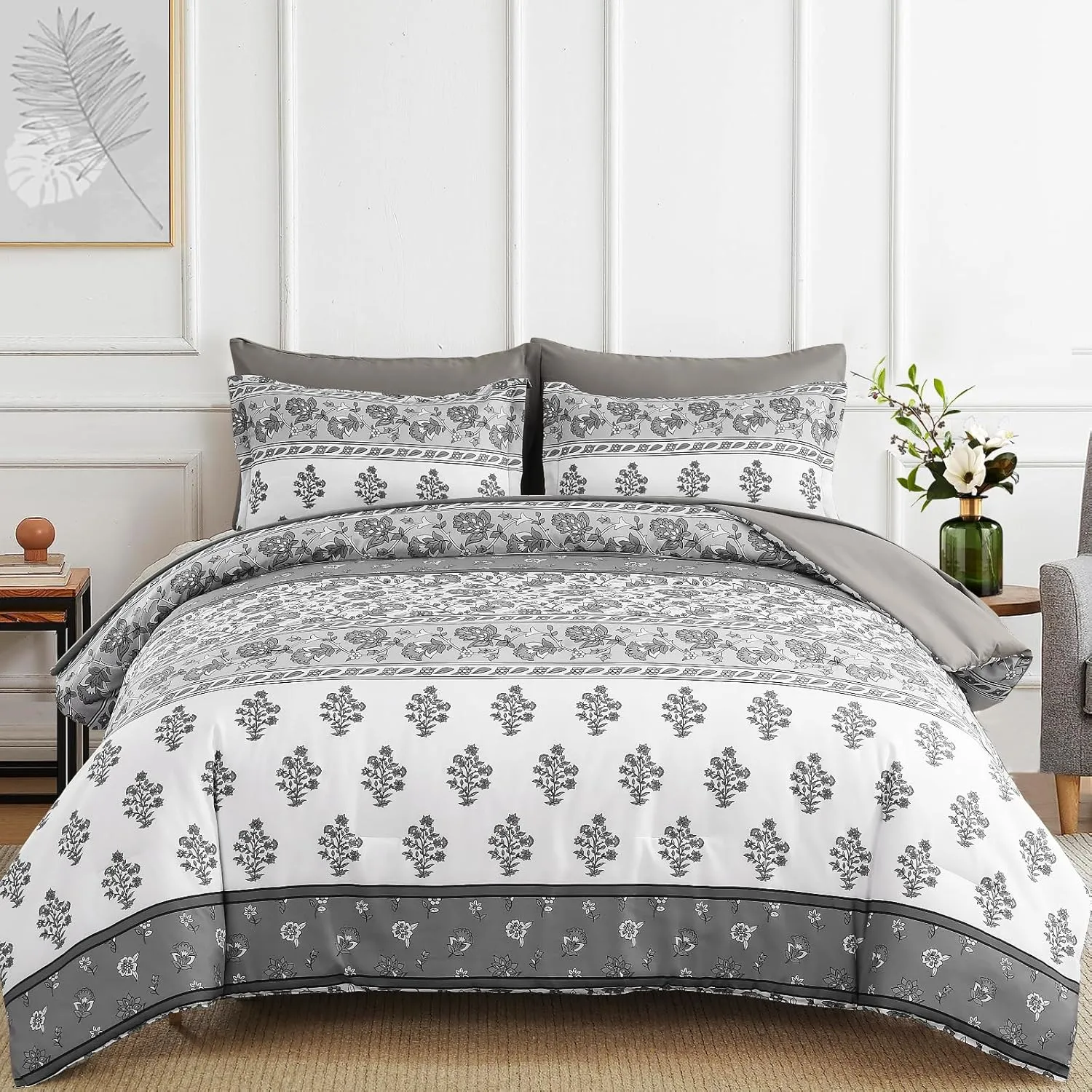 WONGS BEDDING Boho Comforter Set King Size, 7 Pieces Bed in A Bag, Bohemian Striped Bedding Sets, Green Floral Comforter and Sheet Set, Soft Microfiber Fill Bedding for All Season(104"X90")