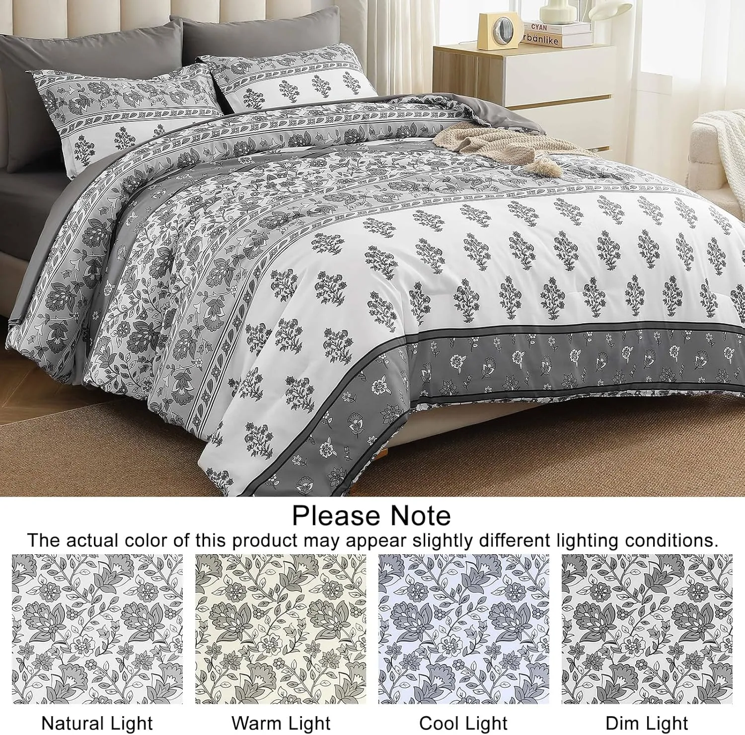 WONGS BEDDING Boho Comforter Set King Size, 7 Pieces Bed in A Bag, Bohemian Striped Bedding Sets, Green Floral Comforter and Sheet Set, Soft Microfiber Fill Bedding for All Season(104"X90")