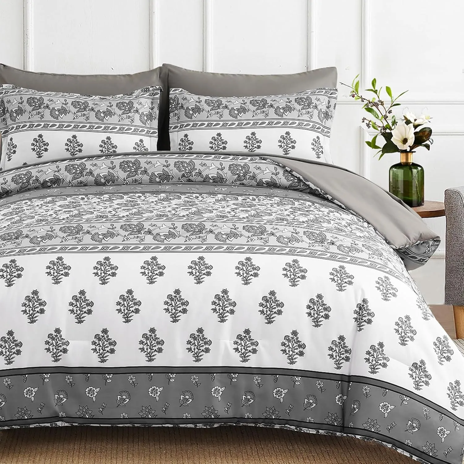WONGS BEDDING Boho Comforter Set King Size, 7 Pieces Bed in A Bag, Bohemian Striped Bedding Sets, Green Floral Comforter and Sheet Set, Soft Microfiber Fill Bedding for All Season(104"X90")
