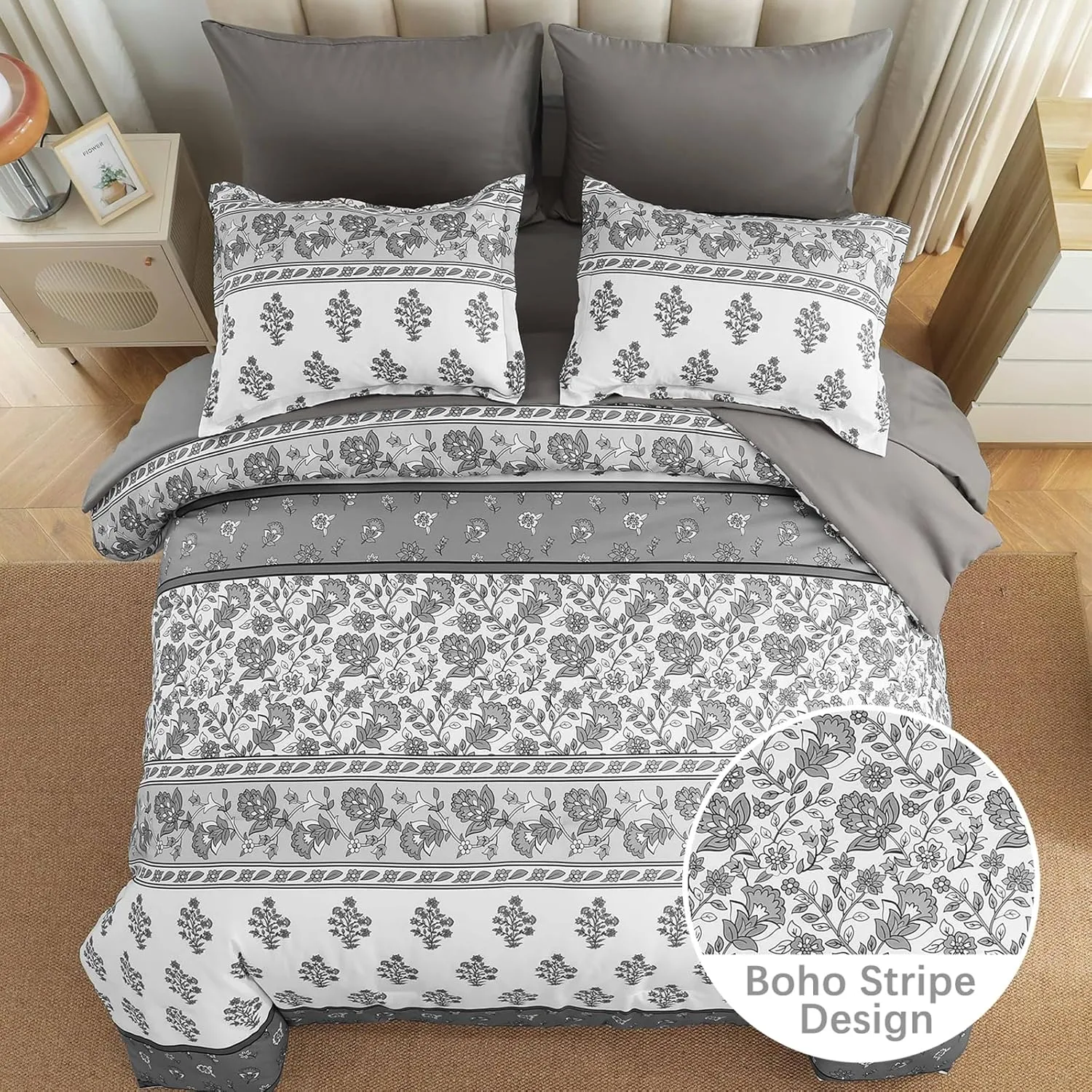 WONGS BEDDING Boho Comforter Set King Size, 7 Pieces Bed in A Bag, Bohemian Striped Bedding Sets, Green Floral Comforter and Sheet Set, Soft Microfiber Fill Bedding for All Season(104"X90")