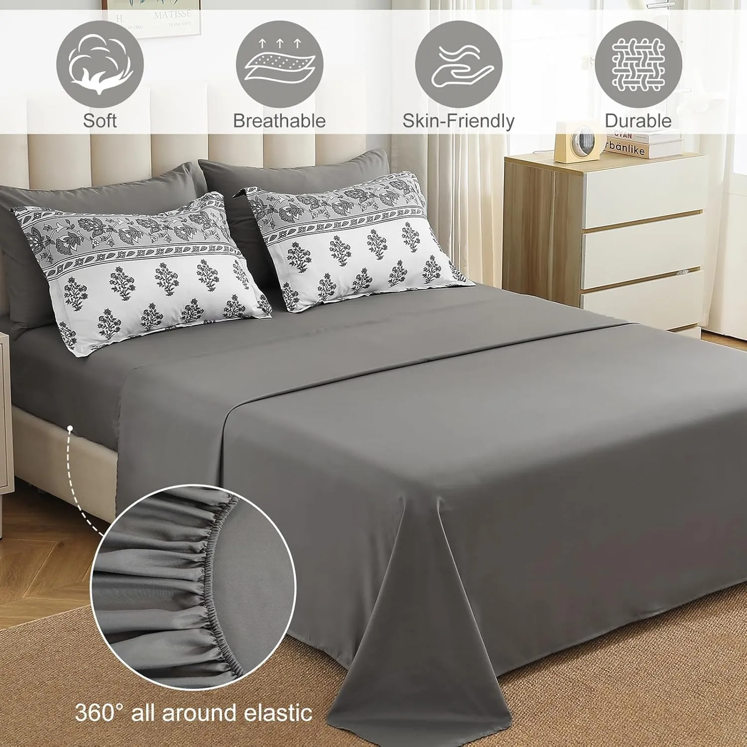 WONGS BEDDING Boho Comforter Set King Size, 7 Pieces Bed in A Bag, Bohemian Striped Bedding Sets, Green Floral Comforter and Sheet Set, Soft Microfiber Fill Bedding for All Season(104"X90")