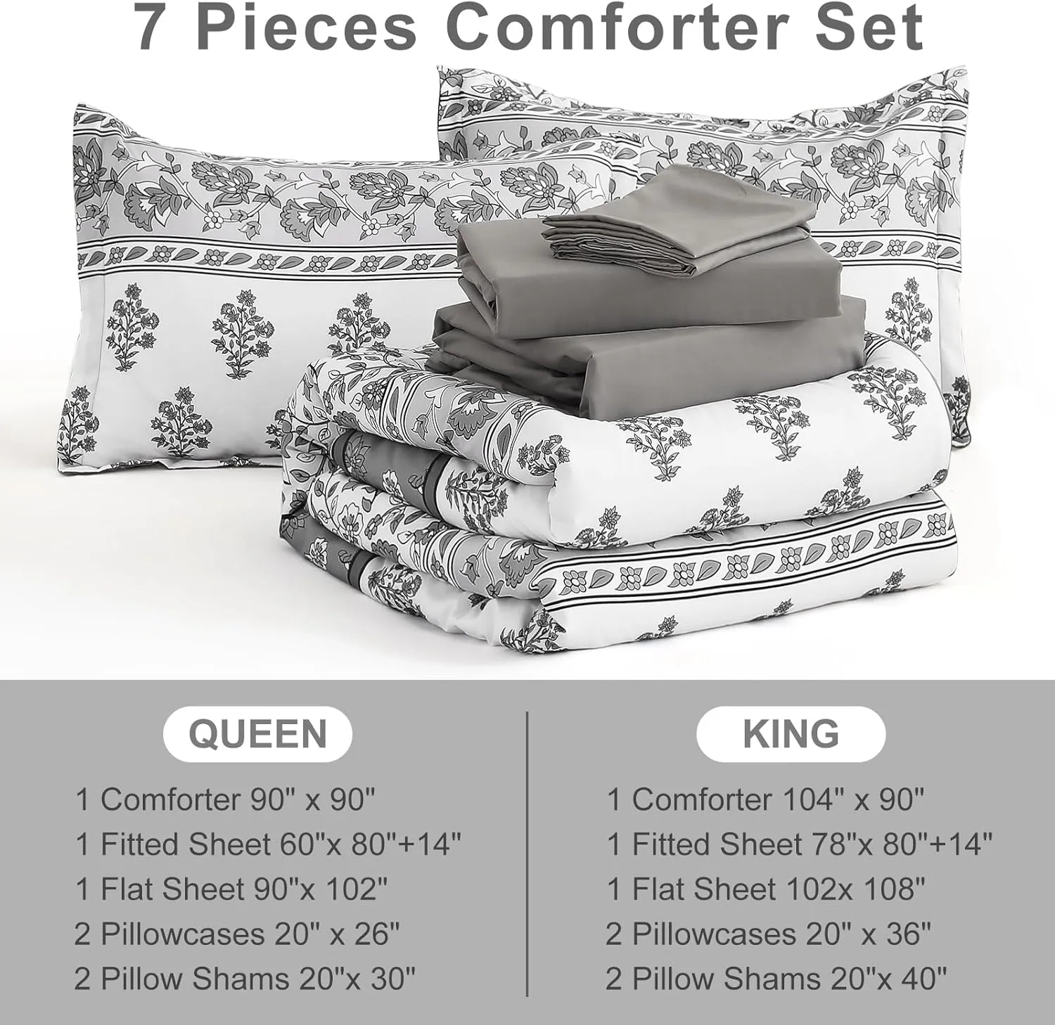 WONGS BEDDING Boho Comforter Set King Size, 7 Pieces Bed in A Bag, Bohemian Striped Bedding Sets, Green Floral Comforter and Sheet Set, Soft Microfiber Fill Bedding for All Season(104"X90")