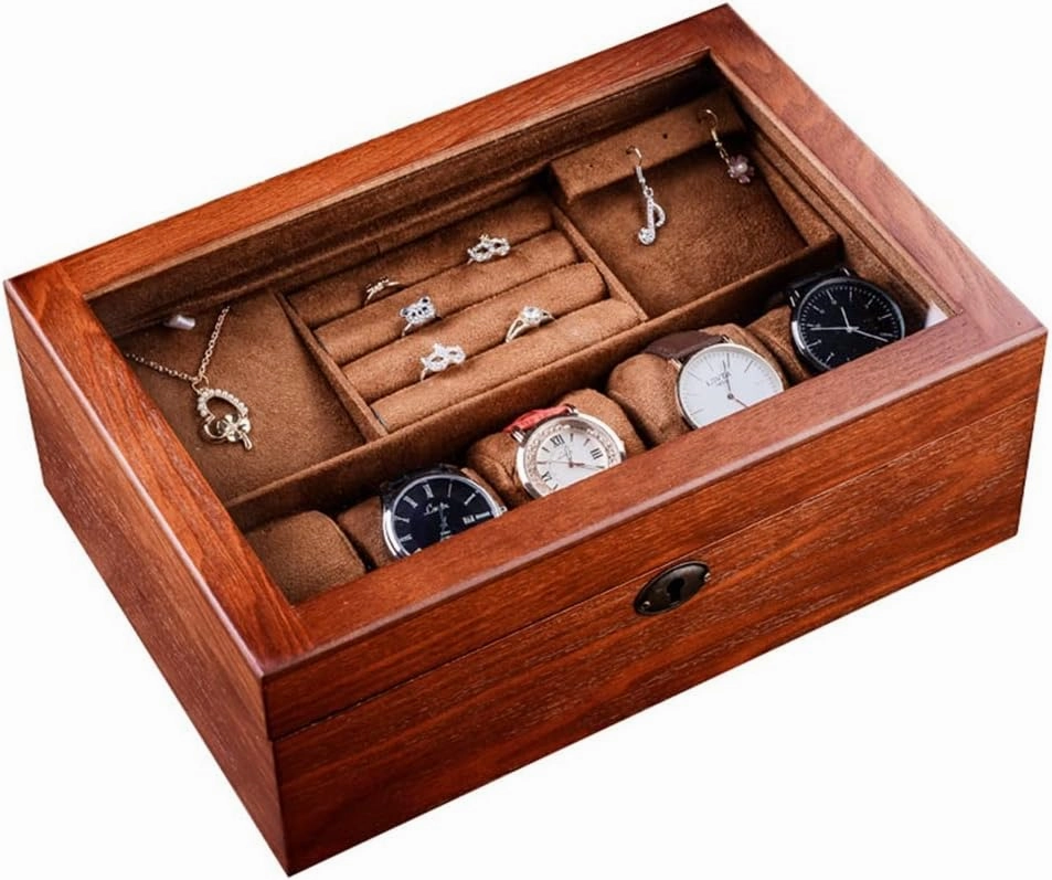 Wood Jewelry Gift Box Velvet Interior Necklace Ring Earring Watch Bracelet Organizer Jewellery Storage Display Case (D