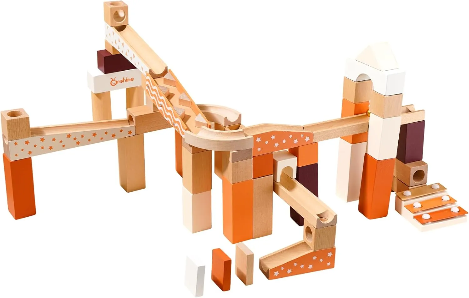 Wooden Marble Runway Blocks for Ages 3 , 60 Wooden Blocks Toys and Construction Playset, Natural Marble Track Maze Game STEM Learning Toys Boys Girls Gift (Set of 60)