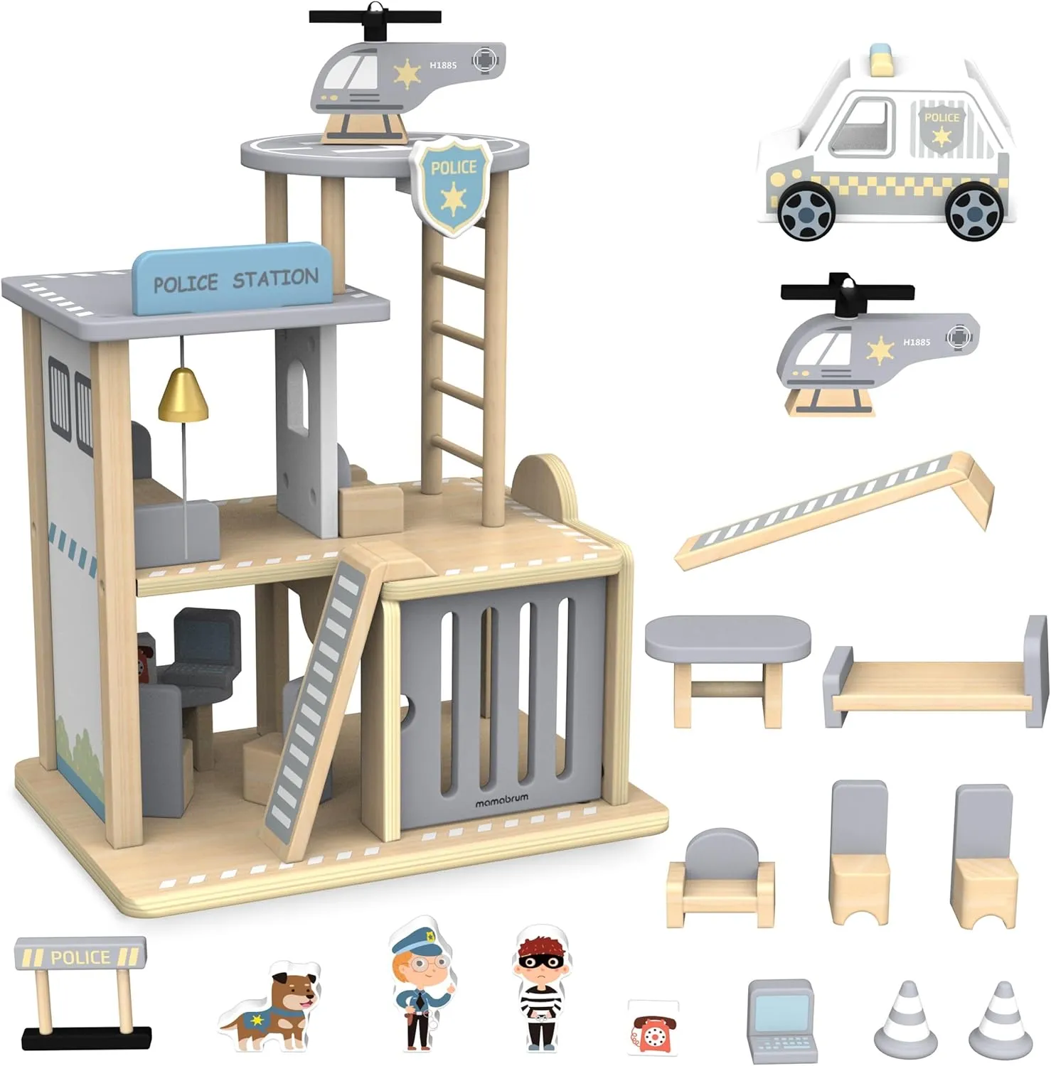 Wooden Police Station with Accessories, Police Station, Police Car, Police Helicopter, Police Dog, Police, Villain, Police Barrier