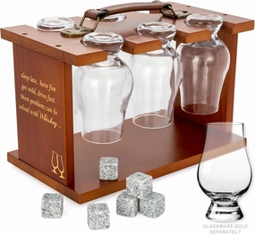 Wooden Whisky Tasting Glass Rack (No Glasses)- Compatible with Glencairn Whiskey Glasses Set of 6, Glassware Drying Holder Carrier Bourbon Drinkwares Storage Organizer with Stones