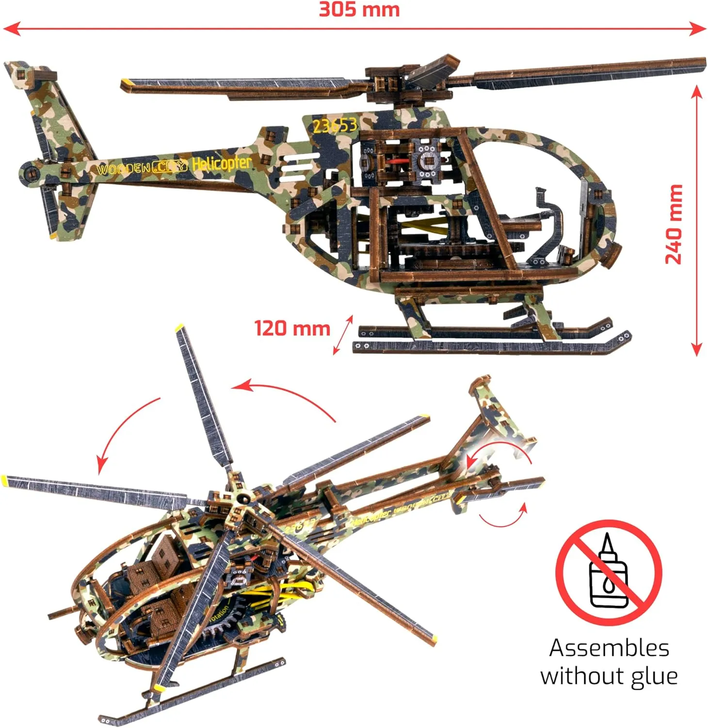 WOODEN.CITY 3D Wooden Puzzles - Aircraft Model Building Kits for Adults - Painted Body Helicopter