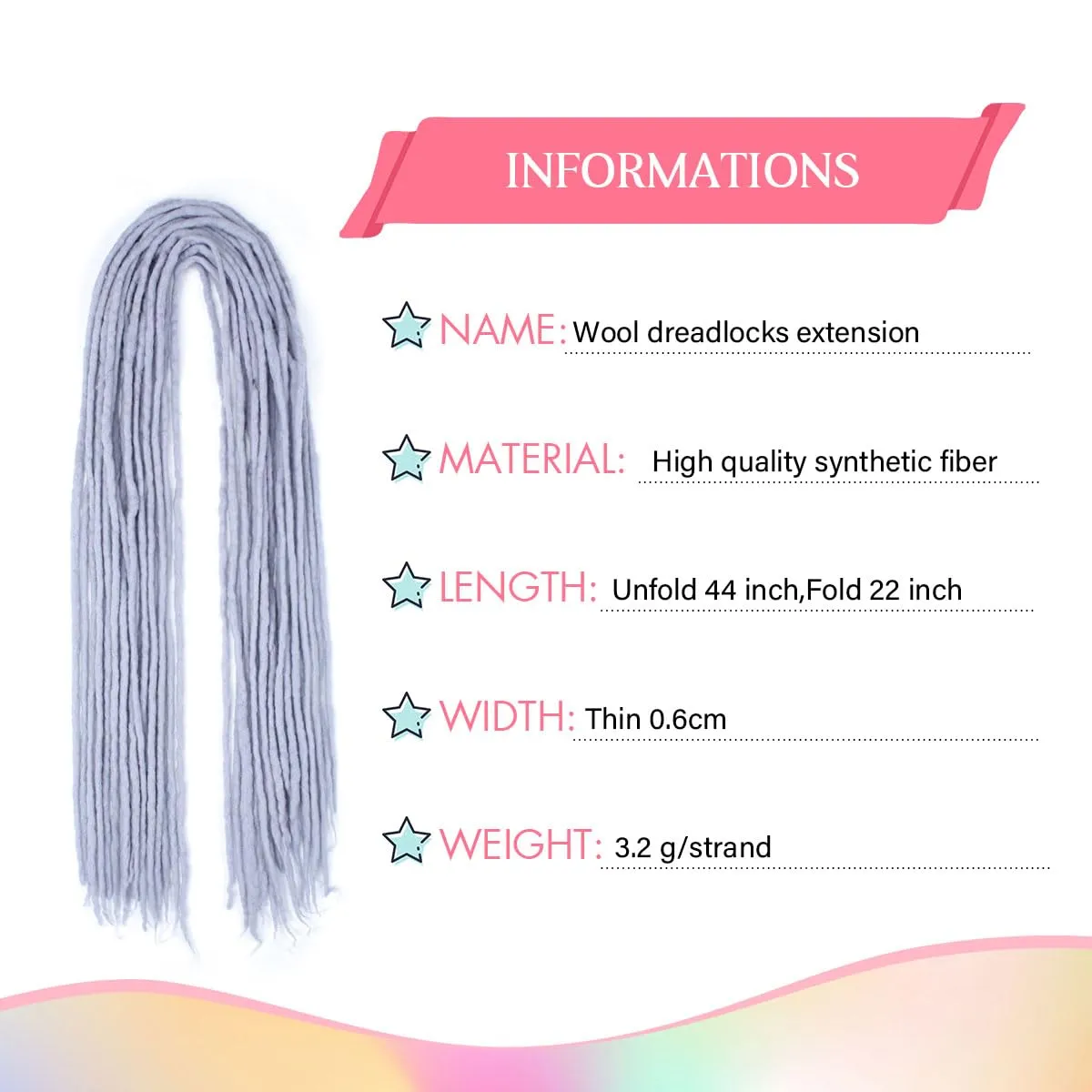 Wool Dreadlock Extensions 2Gray， 22"DE Wool (20strands) Wool Dreadlock Extensions Double Ended Synthetic Dreads for Women & Men - Handmade Hippie Dreadlock Reggae Style
