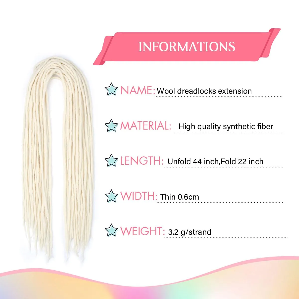 Wool Dreadlock Extensions,White, 22"DE Wool (20strands) Wool Dreadlock Extensions Double Ended Synthetic Dreads for Women & Men - Handmade Hippie Dreadlock Reggae Style