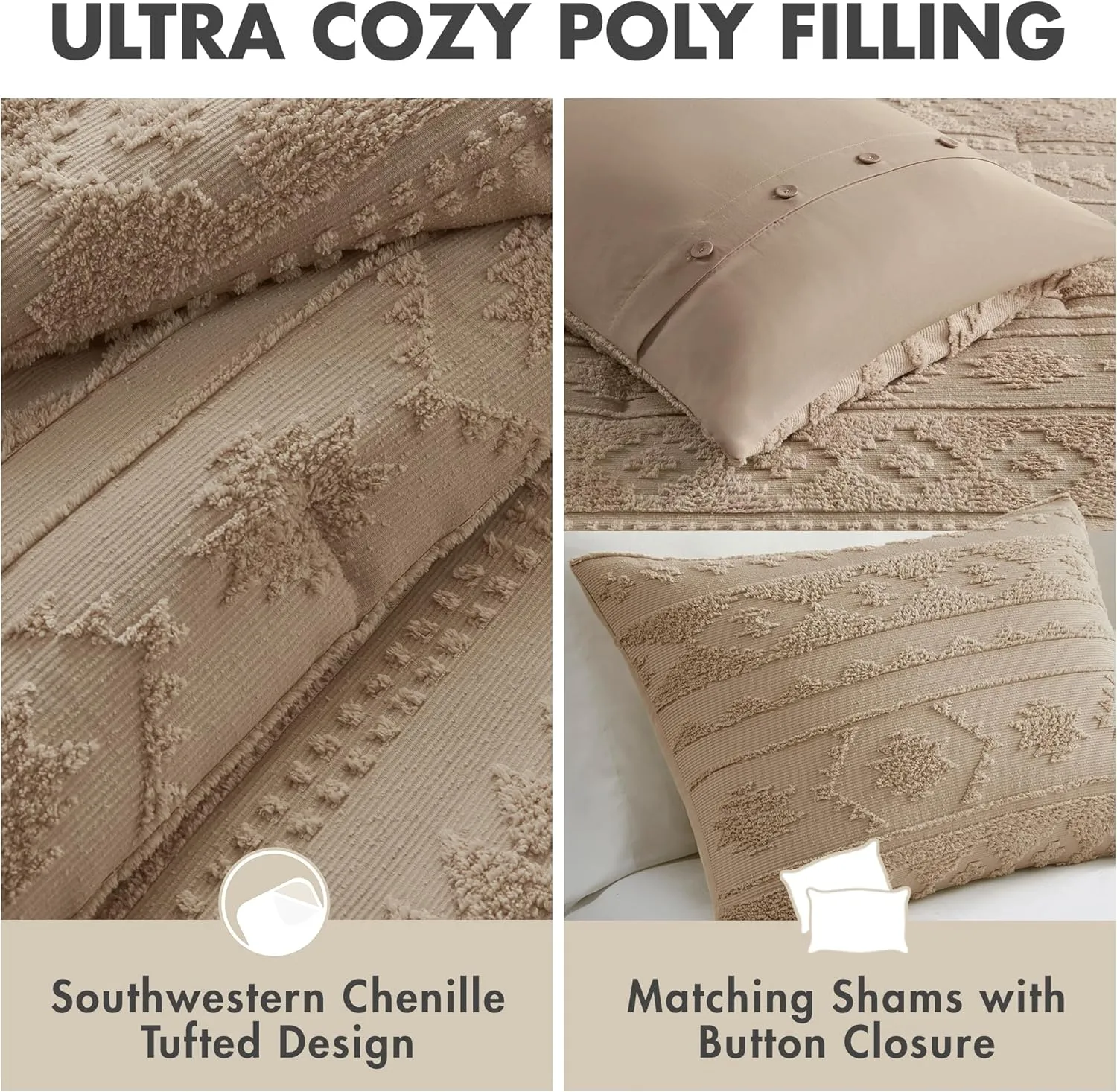 Woolrich Queen Comforter Set Chenille Tufted for Queen Size Bed, Southwestern Oversized Comforters, All Season Comforters Queen Size Bed Set, Shams, Breckenridge, Full/Queen Tan 3 Piece