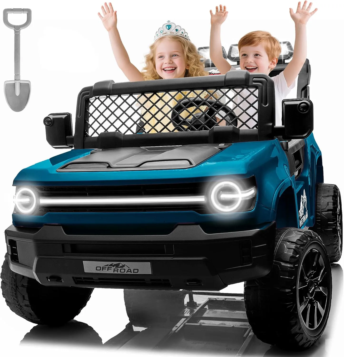 XL 24V 2 Seater Ride on Toys for Big Kids, 4WD/2WD Ride on Car with Remote Control, Off-Road Ride on Truck with 22" Wide Seat, LED Lights, Music, Toy Shovel, High Low Speed, Soft Start