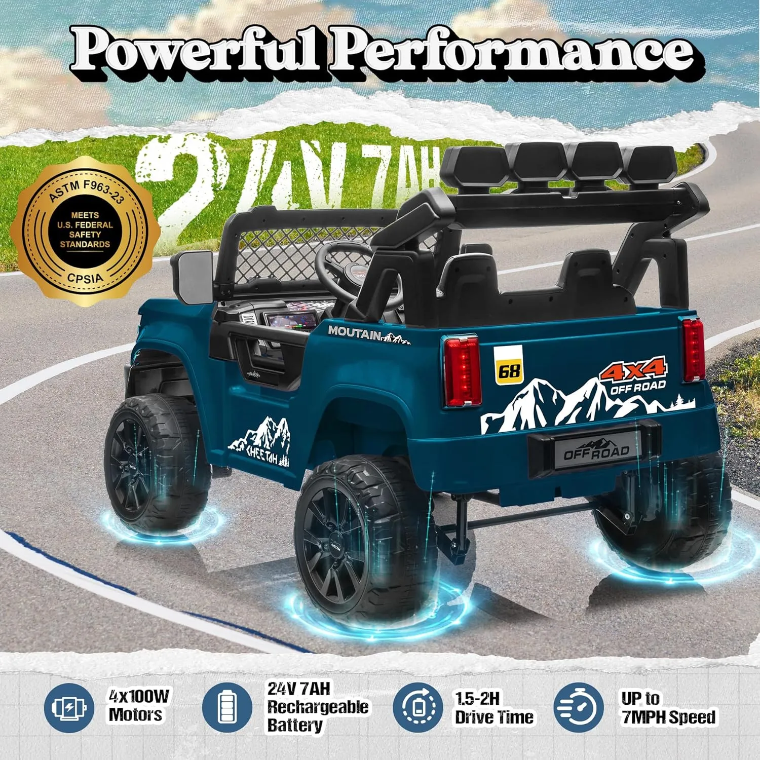 XL 24V 2 Seater Ride on Toys for Big Kids, 4WD/2WD Ride on Car with Remote Control, Off-Road Ride on Truck with 22" Wide Seat, LED Lights, Music, Toy Shovel, High Low Speed, Soft Start