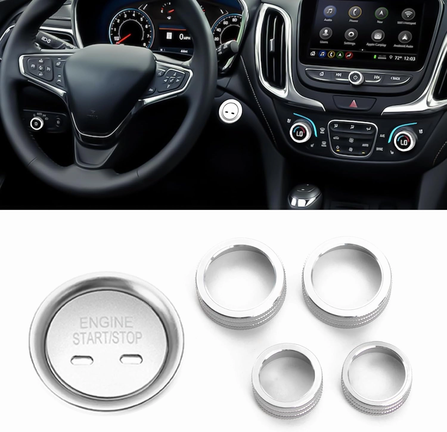 Xotic Tech AC Volume Headlight Switch Knobs   Keyless Engine Push Start Button & Surrounding Ring Cover Trim Compatible with Chevrolet Equinox 2018-2023, Malibu 2016-2023 (Aluminum Alloy, Silver)