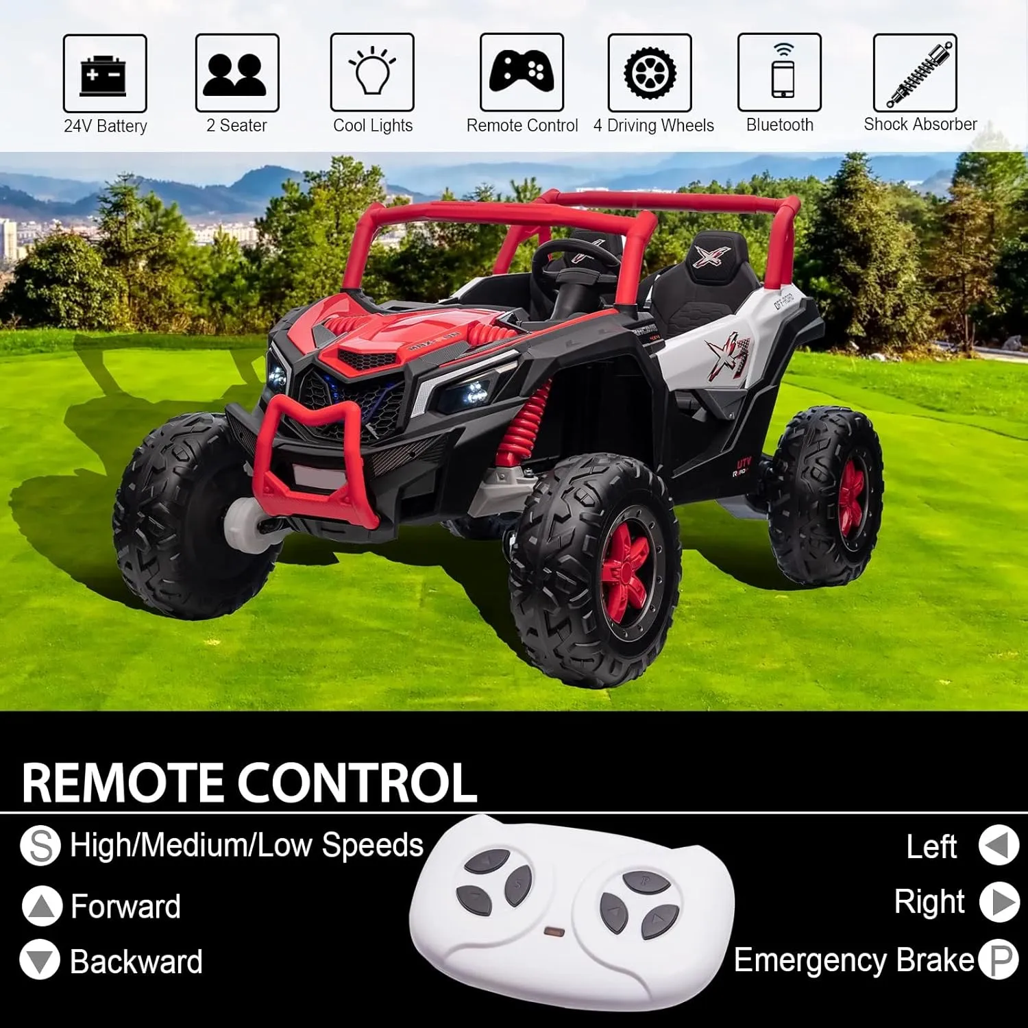 XXXL 2-Seater Ride On UTV, 24V Battery Powered Car with Remote Control 4x4 Kids Electric Vehicle Load 200lb Side by Side Ride On Toy with Rubber-Plastic Polymerized EVA Tire, Red