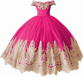 XYAYE Off Shoulder Flower Girl Dresses for Wedding Gold Lace Kids First Communion Dress Puffy Tulle Girls Ball Gown