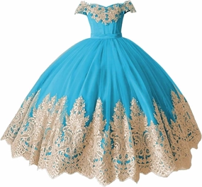 XYAYE Off Shoulder Flower Girl Dresses for Wedding Gold Lace Kids First Communion Dress Puffy Tulle Girls Ball Gown