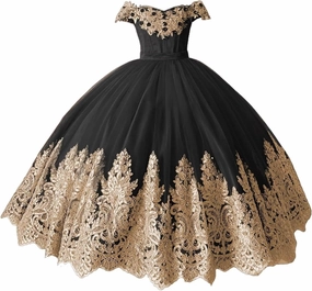 XYAYE Off Shoulder Flower Girl Dresses for Wedding Gold Lace Kids First Communion Dress Puffy Tulle Girls Ball Gown