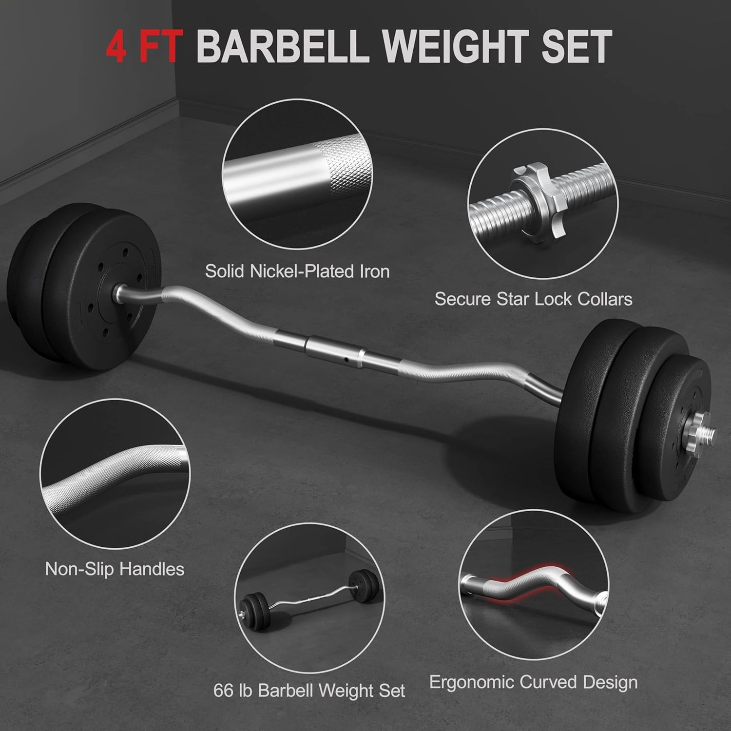 Yaheetech Barbell Set - Olympic Curl Bar & Weights (66LB, 55LB, 44LB) with Chrome Finish & Black Color