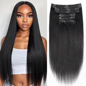 Yaki Straight Clip in Hair Extensions Real Human Hair 8Pcs Remy Human hair Clip ins for Women, Natural Soft Human Hair 120g 20inch #1B Natural Black