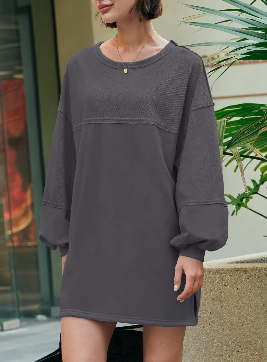 Yanekop Womens Oversized Sweatshirt Dress Patchwork Tunic Sweatshirts Crewneck Long Sleeve Spring Pullover Tops Side Slit