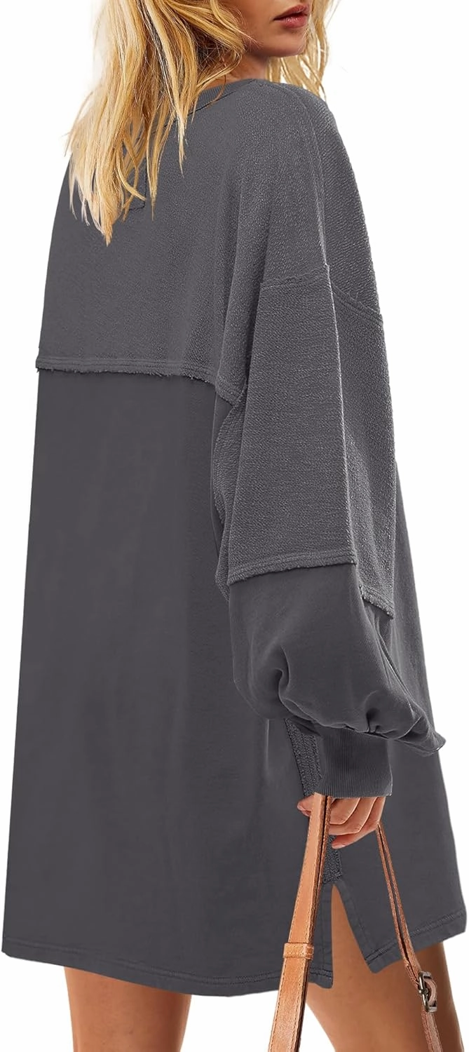 Yanekop Womens Oversized Sweatshirt Dress Patchwork Tunic Sweatshirts Crewneck Long Sleeve Spring Pullover Tops Side Slit