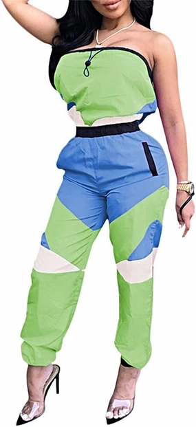 Yeshire Women's Sexy Strapless Color Block Loose Fit Casual Jumpsuits Windbreaker Rompers Long Pants with Pockets