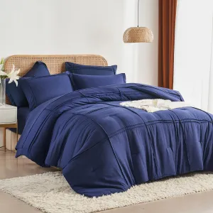 Yogeneg Twin Comforter Set 5 Piece Bed in a Bag,Grid Pinch Pleat Navy Blue Twin Bedding Set,Striped Textured Soft Microfiber Comforter with Sheet Set,All Season Complete Bed Set(Navy Blue,Twin)