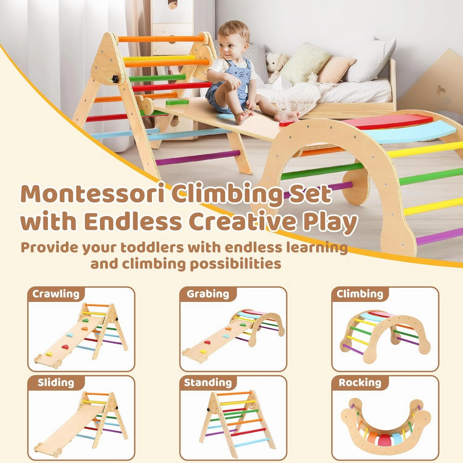YOLEO 7-in-1 Pikler Triangle Set, Montessori Toddler Climbing Toys Indoor,Easy-Fold Wooden Climbing Toys for Toddlers 1-3 Inside,Fun Pickler climbing Set and Indoor Playground Jungle Gyms for Toddlers