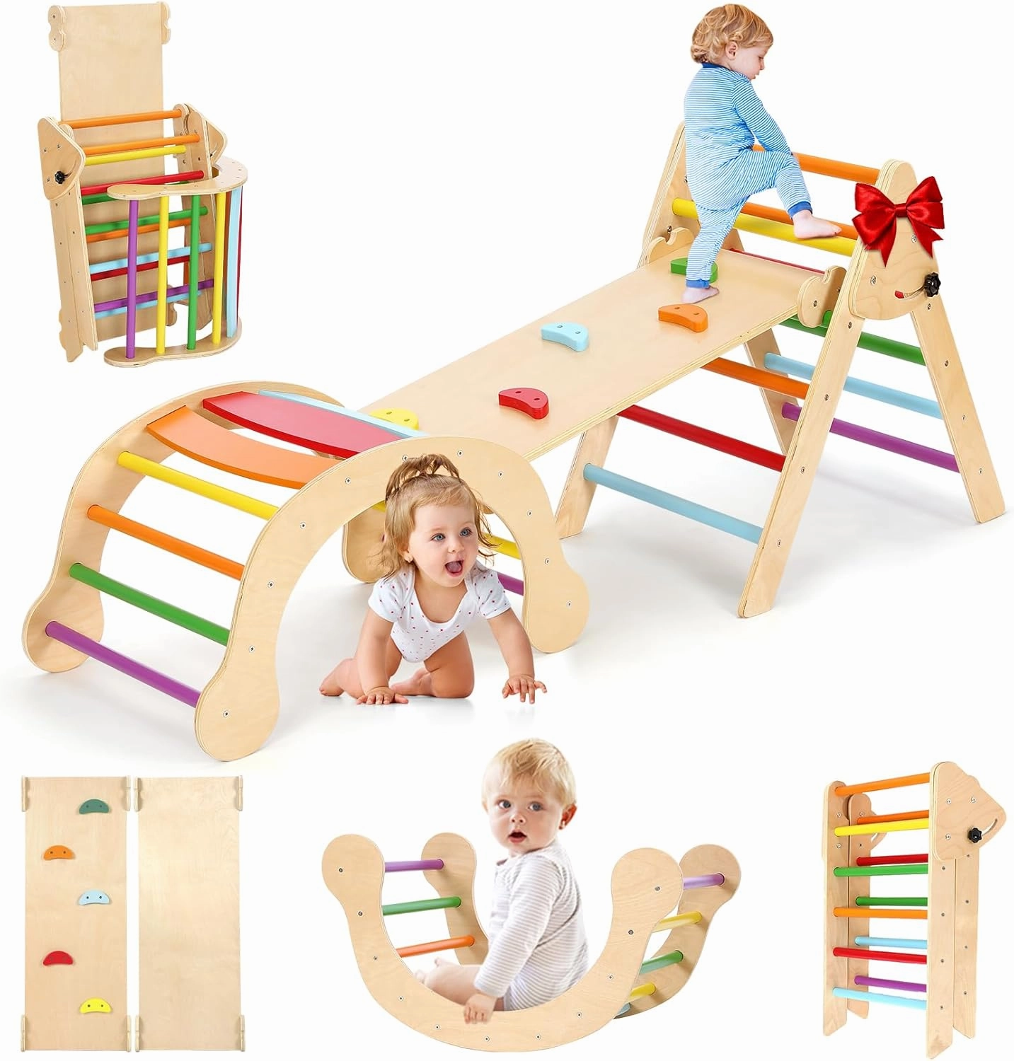 YOLEO 7-in-1 Pikler Triangle Set, Montessori Toddler Climbing Toys Indoor,Easy-Fold Wooden Climbing Toys for Toddlers 1-3 Inside,Fun Pickler climbing Set and Indoor Playground Jungle Gyms for Toddlers