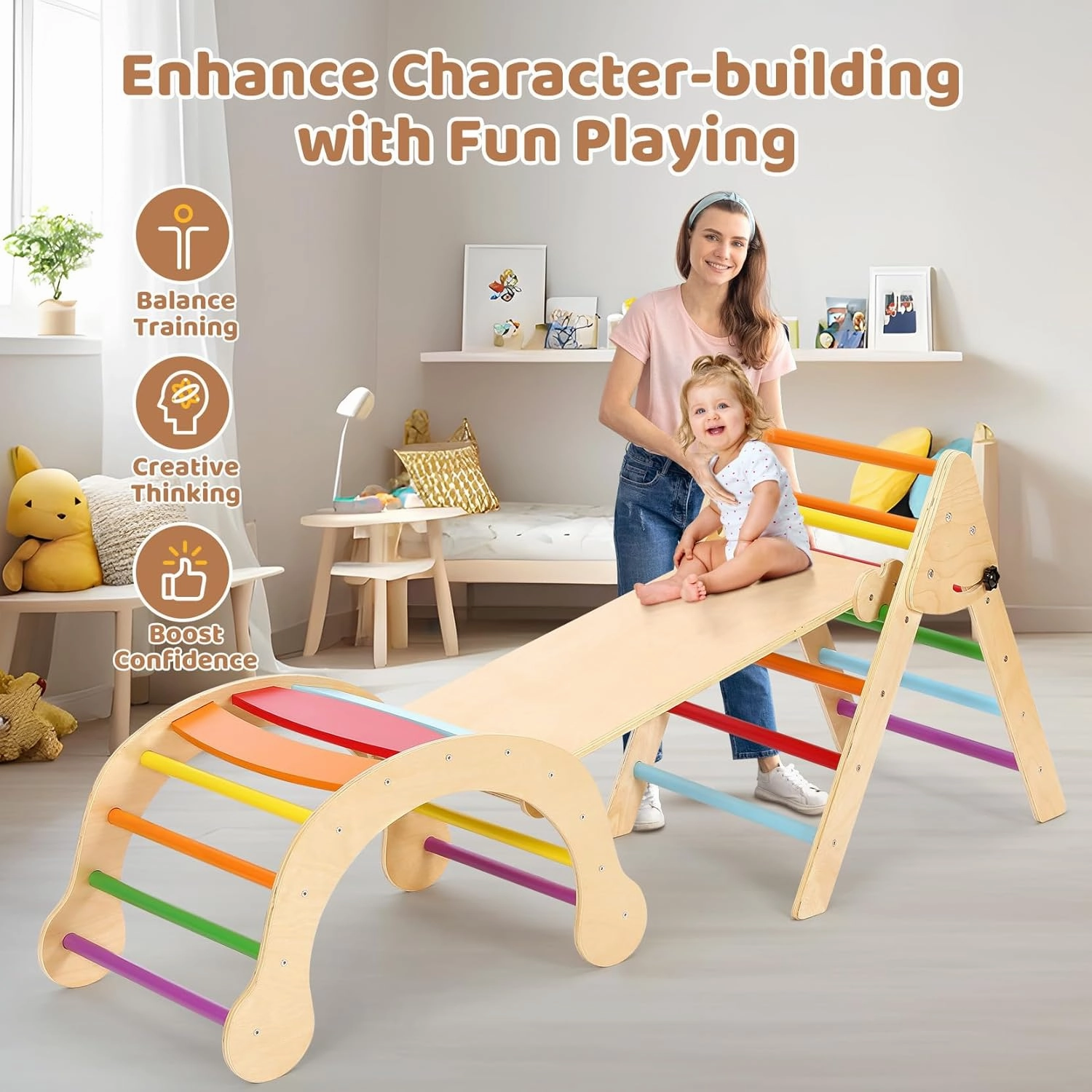 YOLEO 7-in-1 Pikler Triangle Set, Montessori Toddler Climbing Toys Indoor,Easy-Fold Wooden Climbing Toys for Toddlers 1-3 Inside,Fun Pickler climbing Set and Indoor Playground Jungle Gyms for Toddlers