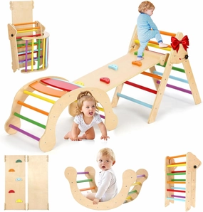 YOLEO 7-in-1 Pikler Triangle Set, Montessori Toddler Climbing Toys Indoor,Easy-Fold Wooden Climbing Toys for Toddlers 1-3 Inside,Fun Pickler climbing Set and Indoor Playground Jungle Gyms for Toddlers