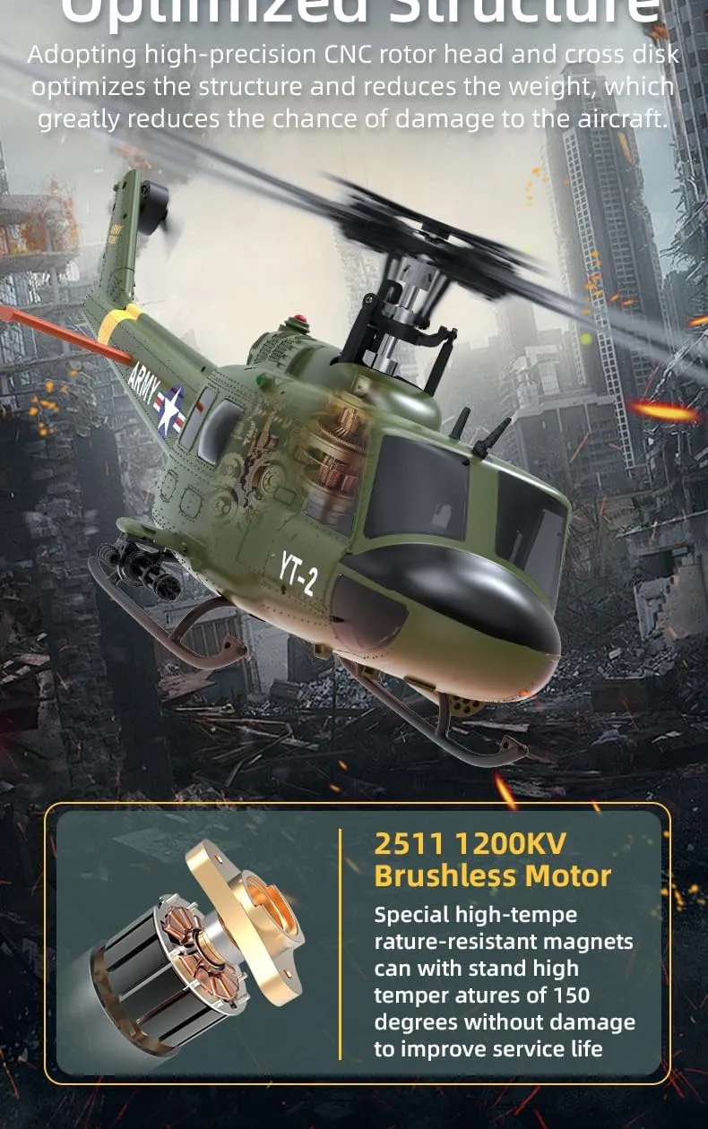 YUXIANG F07 UH-1 Huey 1/34 Scale RC Helicopters for Adults, 2.4G 6CH Brushless Direct-Drive Flybarless RC Aircraft Optical Flow Positioning/One Button Inverted Flight - 1 Battery