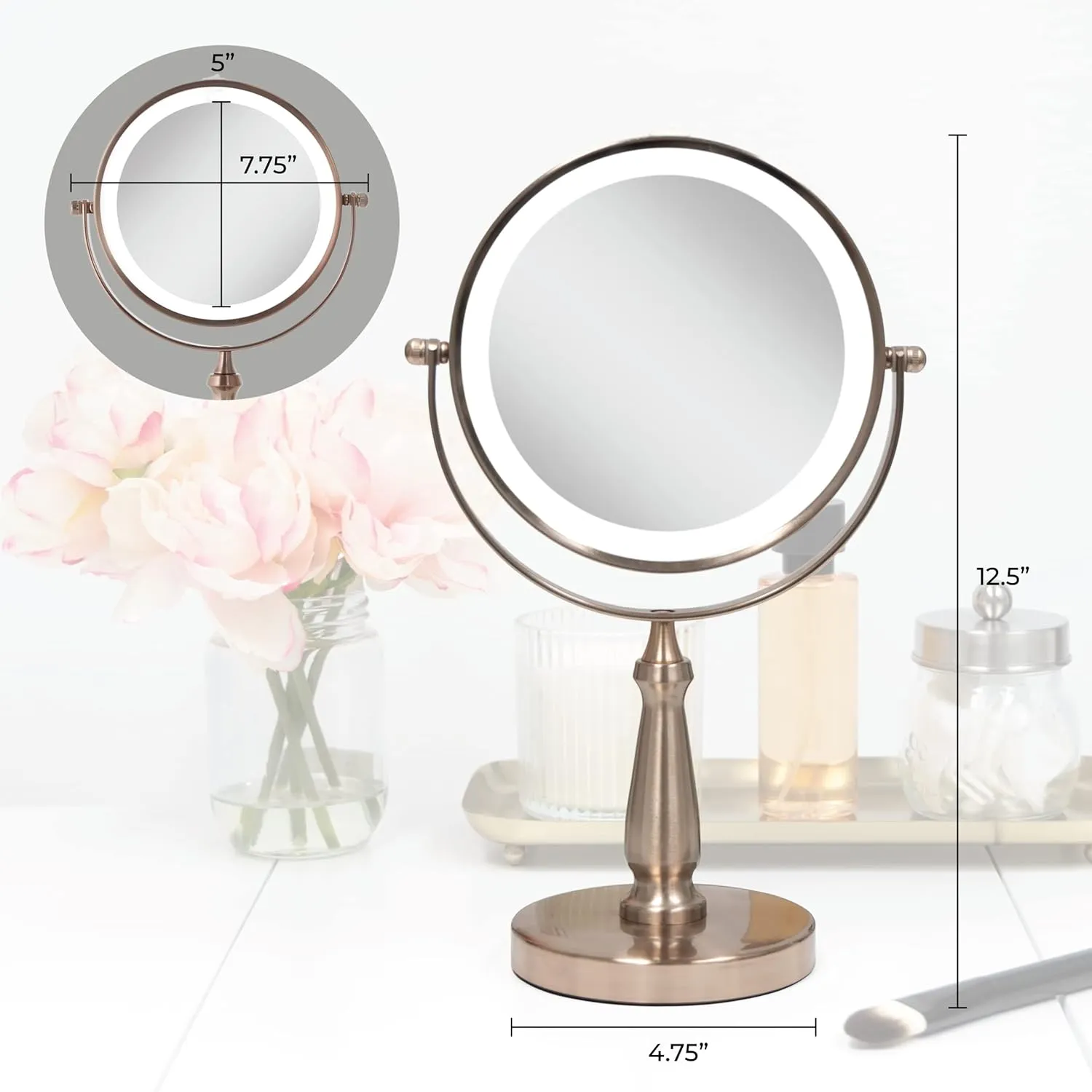 Zadro LED Lighted Makeup Mirror with Magnification & Swivel Head, AAA Battery Operated Best Countertop Vanity Mirrors (12.5" x 7.75" | 8X/1X | Rose Gold)